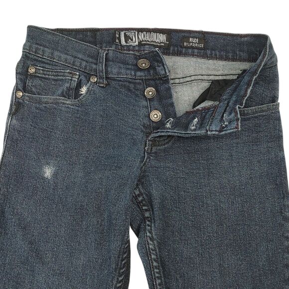 Social Collision Rude Blip Service Dark Blue Button Fly Jeans Sz 28x32 (Read) - Picture 5 of 15